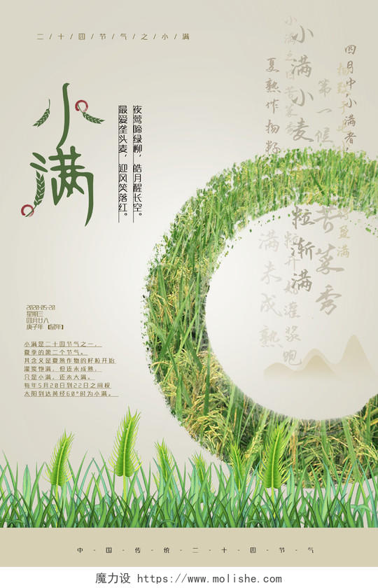绿色中国风创意小满海报二十四节气小满海报